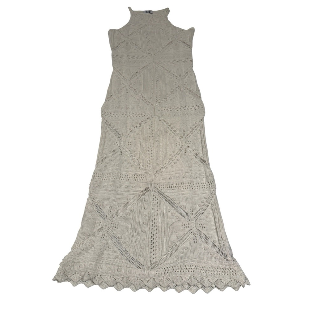 525 Women Ivory Cotton Pointelle Knit Lined Maxi Dress Sleeveless Small
